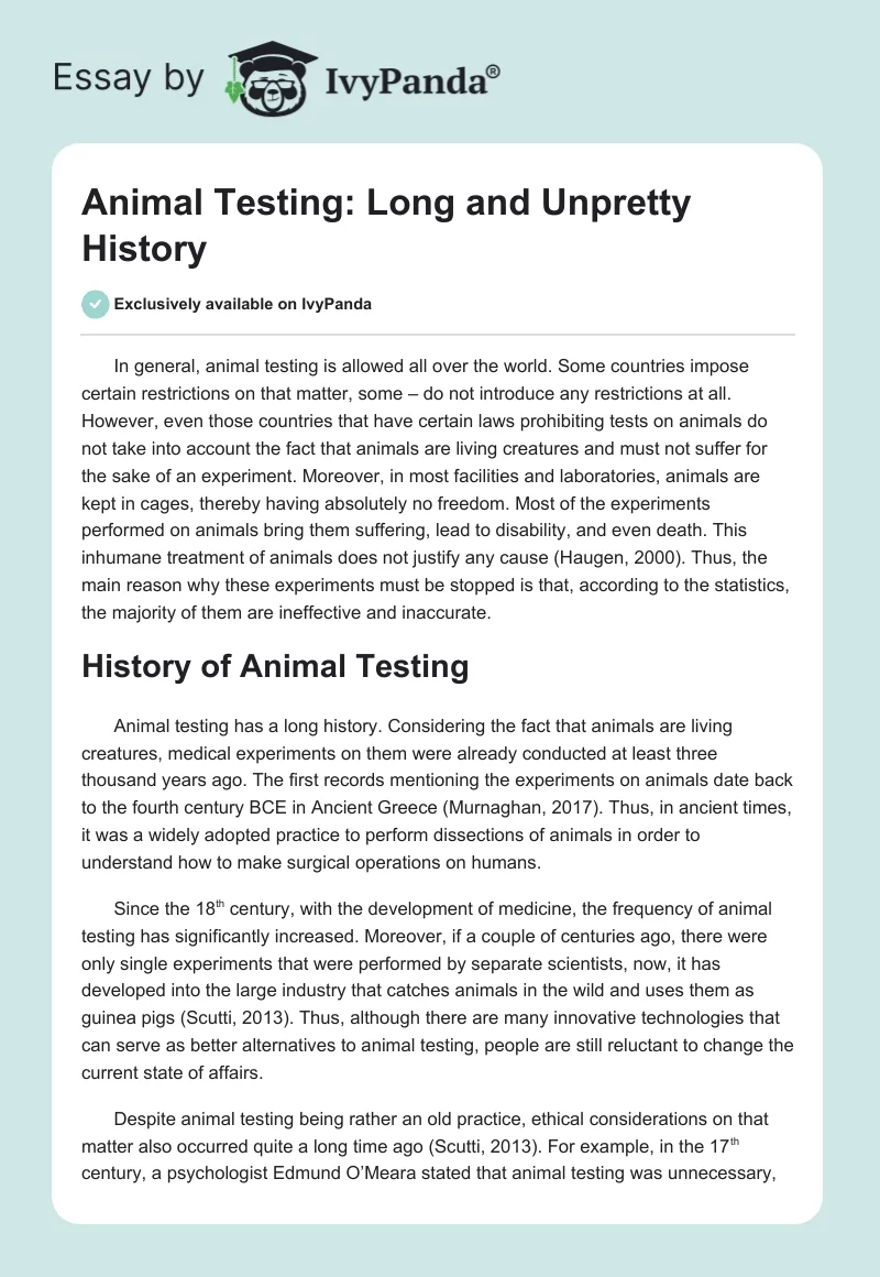 Animal Testing: Long and Unpretty History. Page 1