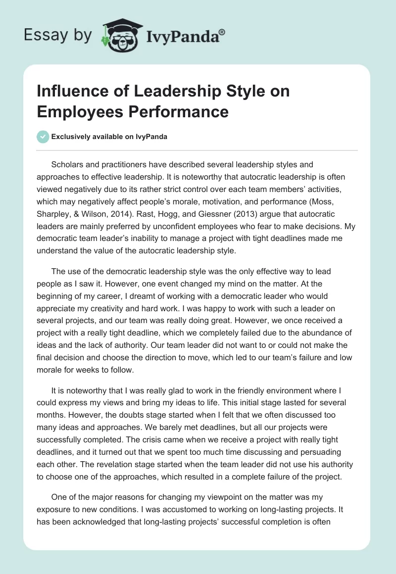 Influence of Leadership Style on Employees Performance. Page 1
