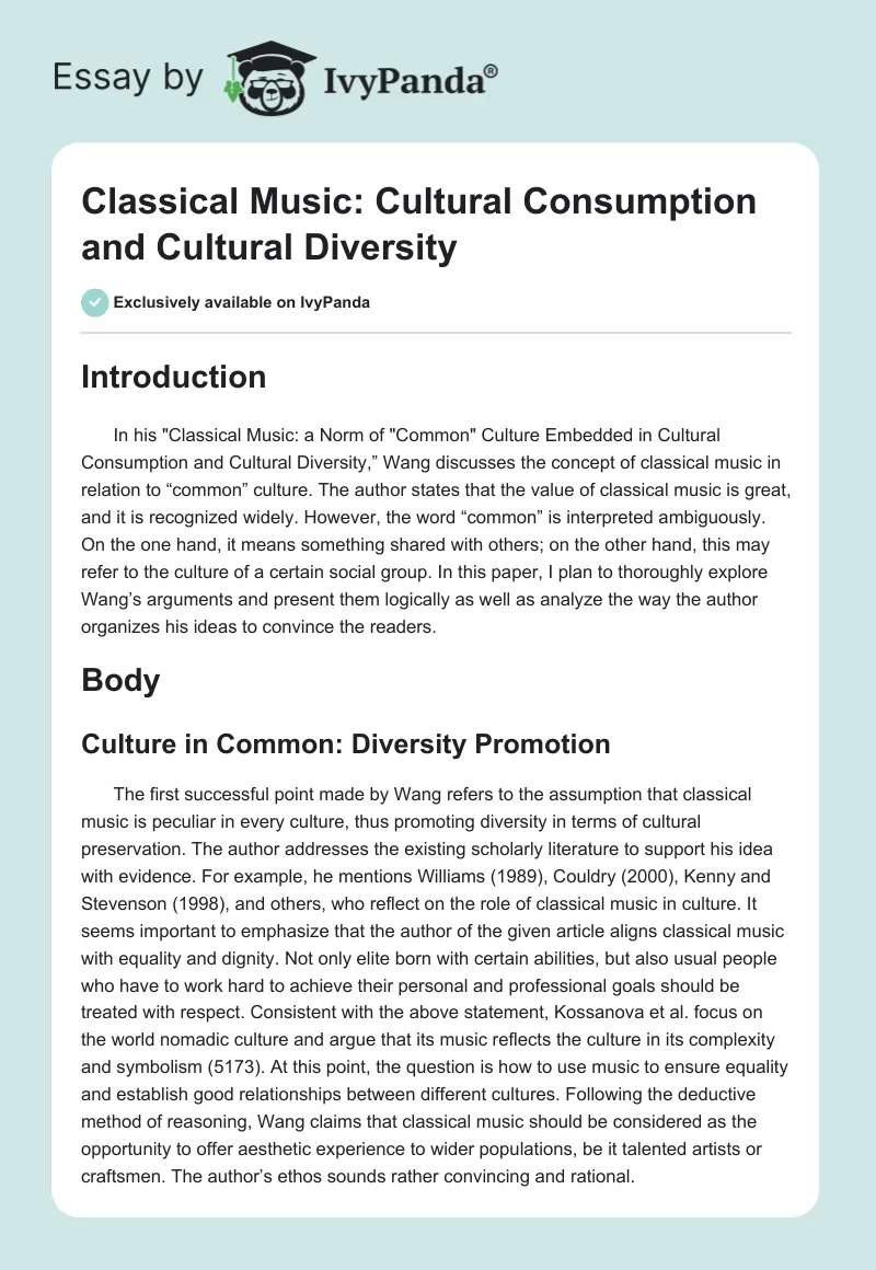 Classical Music: Cultural Consumption and Cultural Diversity. Page 1