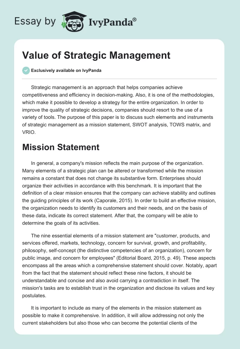 Value of Strategic Management. Page 1