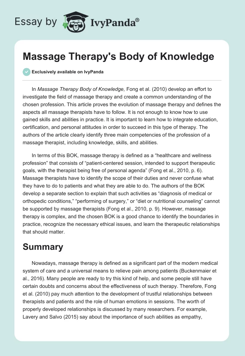 Massage Therapy's Body of Knowledge. Page 1