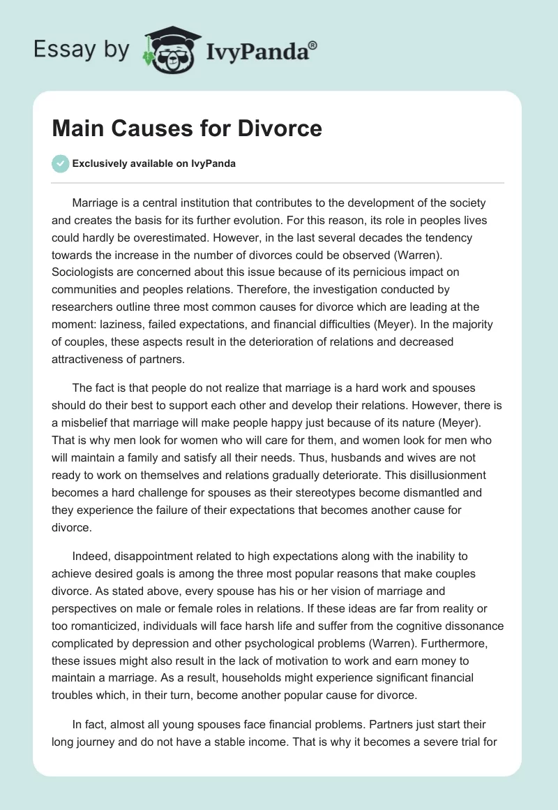 Main Causes for Divorce. Page 1