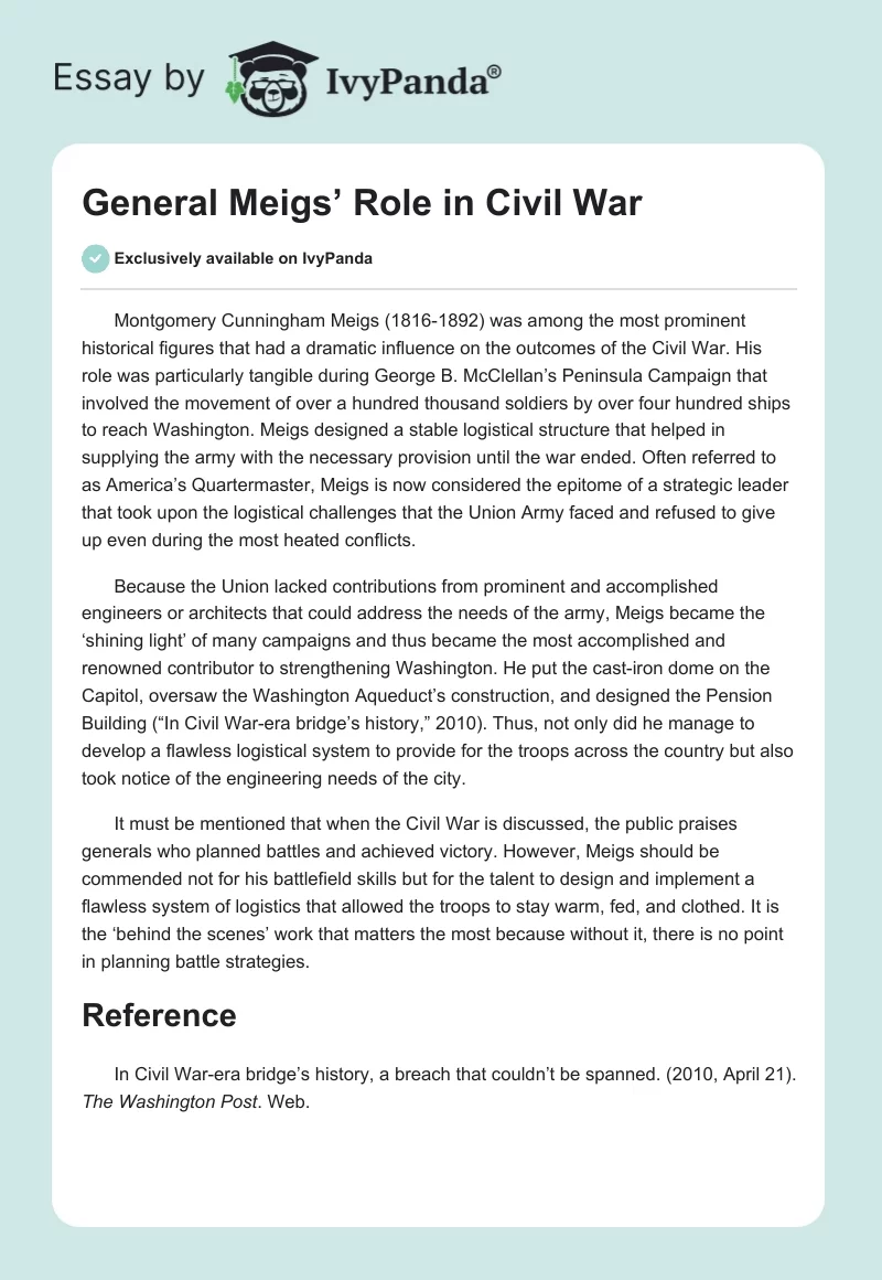 General Meigs’ Role in Civil War. Page 1