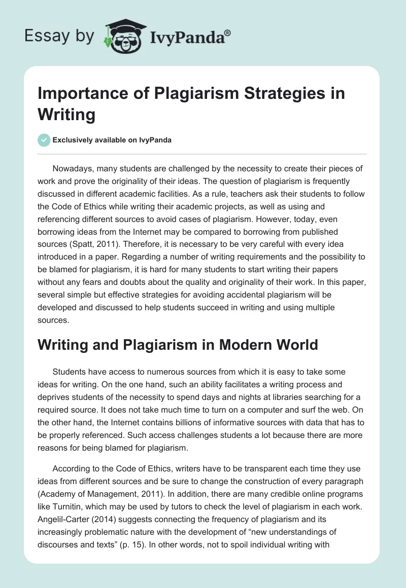 Importance of Plagiarism Strategies in Writing. Page 1