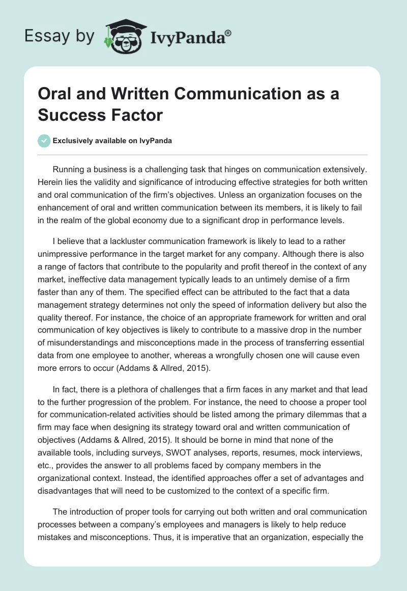 Oral and Written Communication as a Success Factor. Page 1