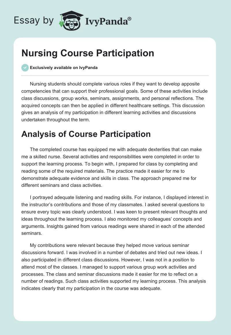 Nursing Course Participation. Page 1