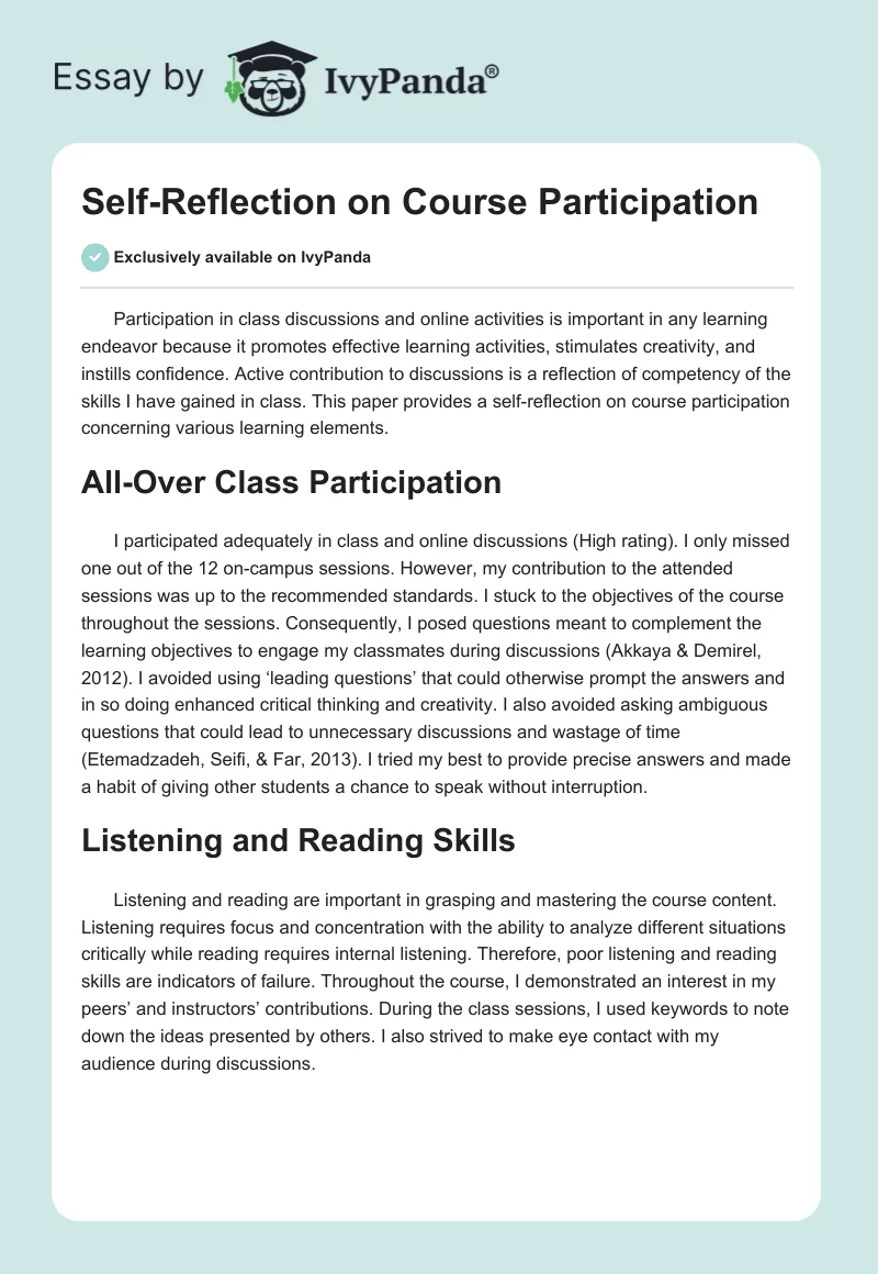 Self-Reflection on Course Participation. Page 1
