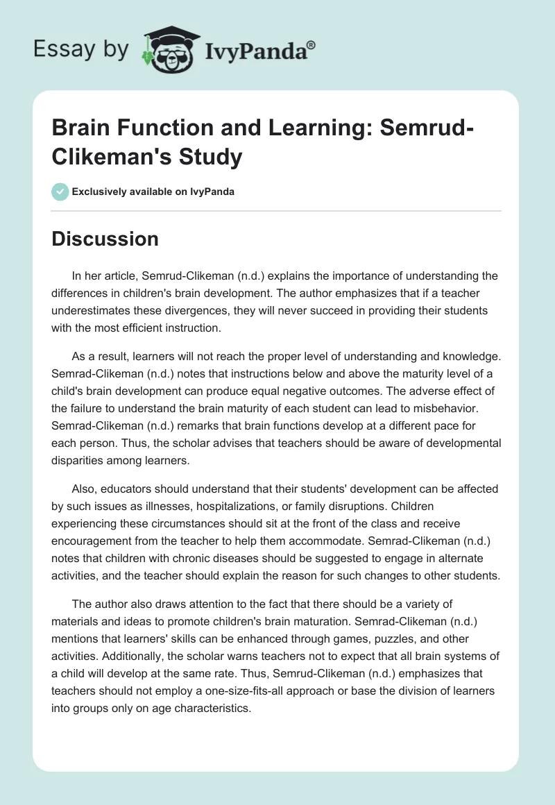 Brain Function and Learning: Semrud-Clikeman's Study. Page 1