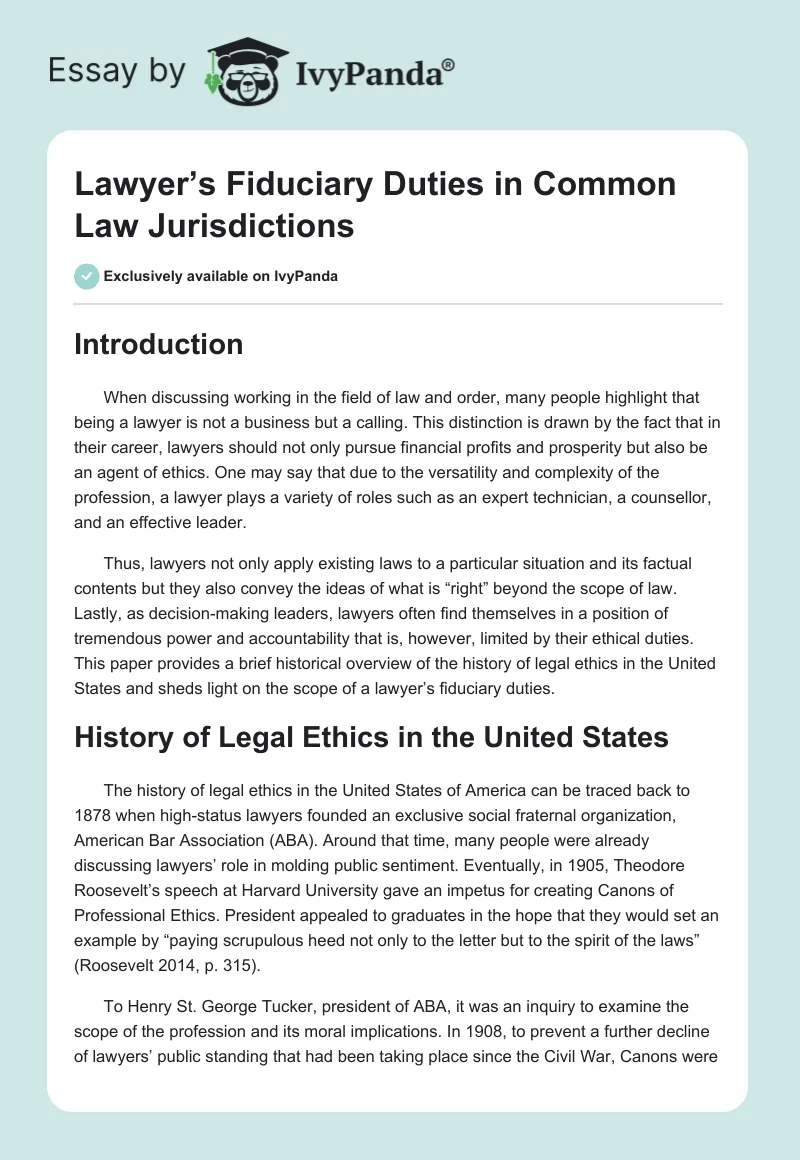 Lawyer’s Fiduciary Duties in Common Law Jurisdictions. Page 1