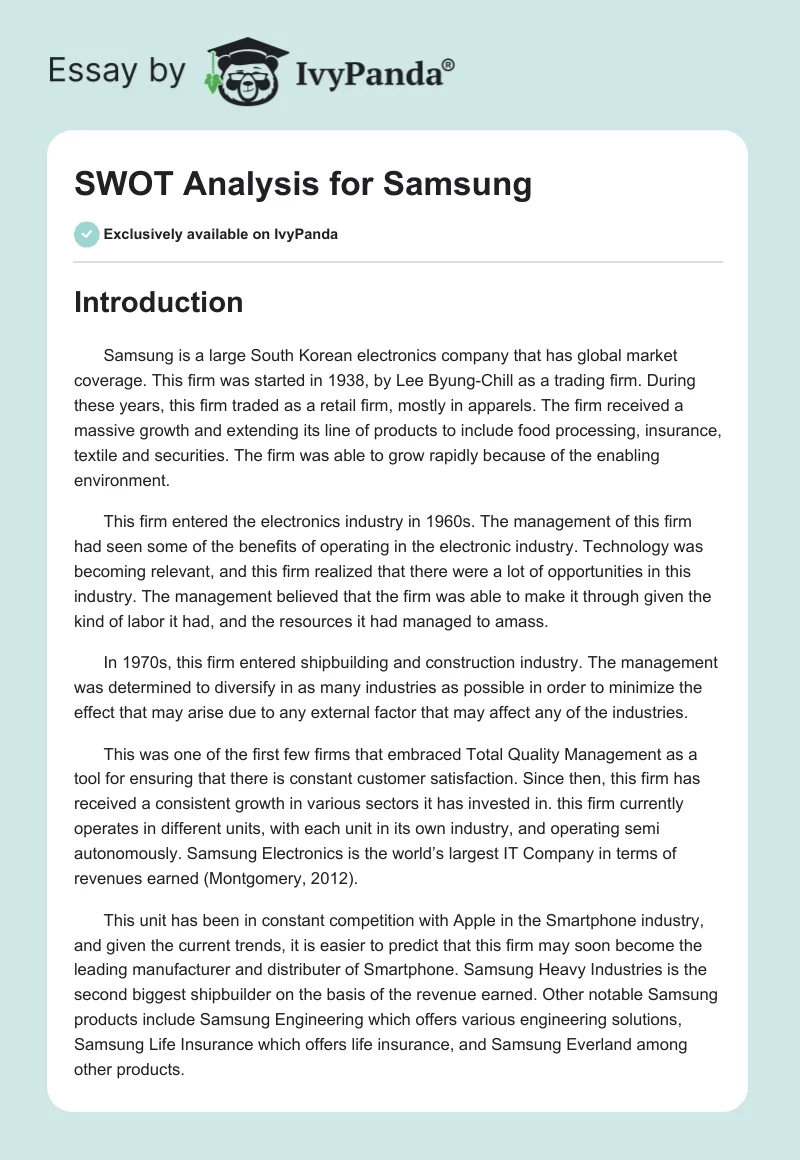 SWOT Analysis for Samsung. Page 1