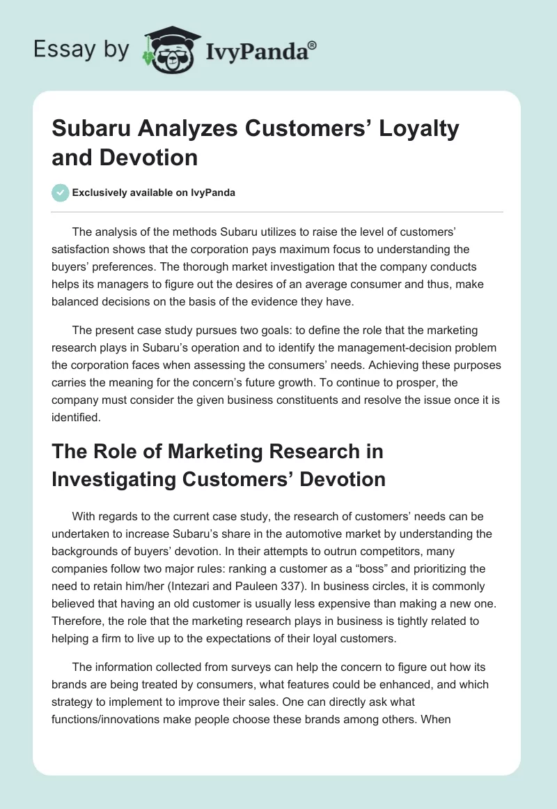 Subaru Analyzes Customers’ Loyalty and Devotion. Page 1