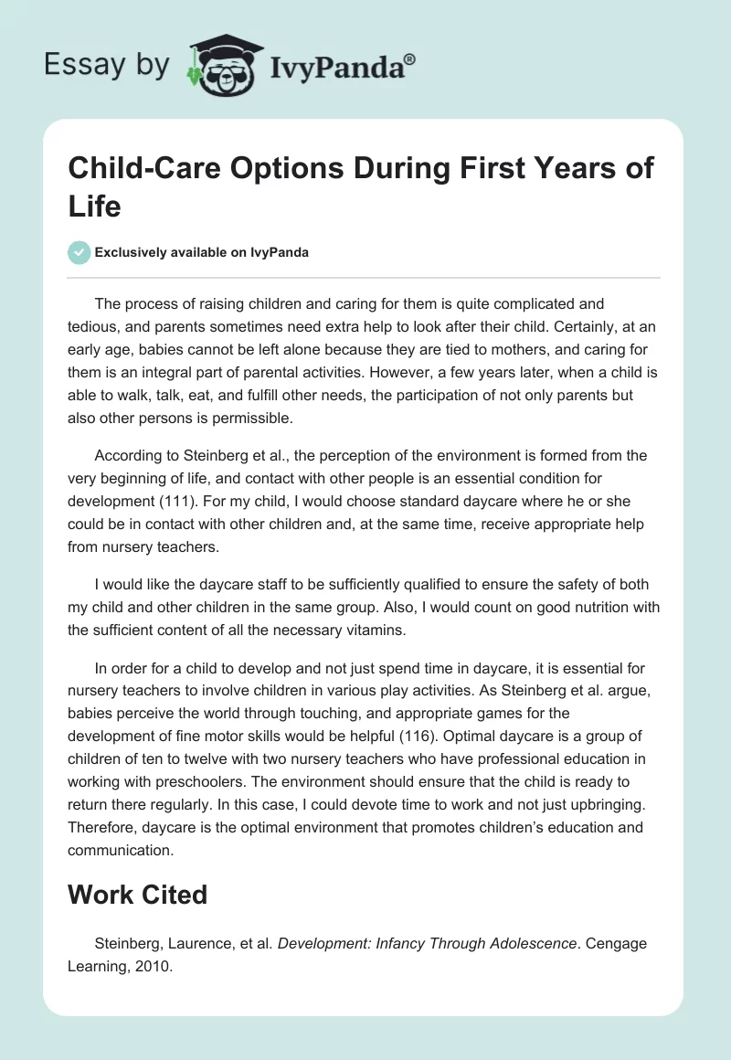 Child-Care Options During First Years of Life. Page 1
