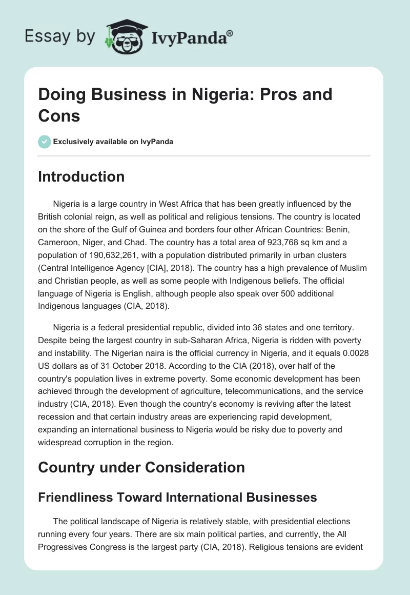 Doing Business in Nigeria: Pros and Cons. Page 1