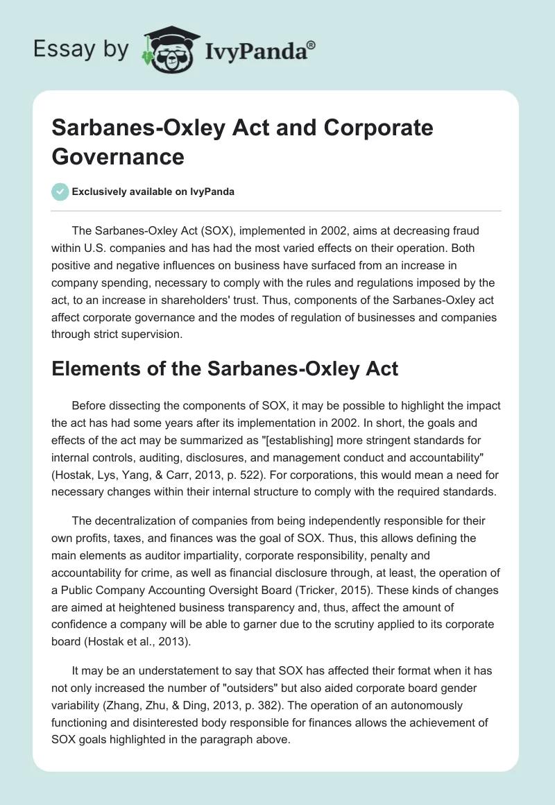 Sarbanes-Oxley Act and Corporate Governance. Page 1