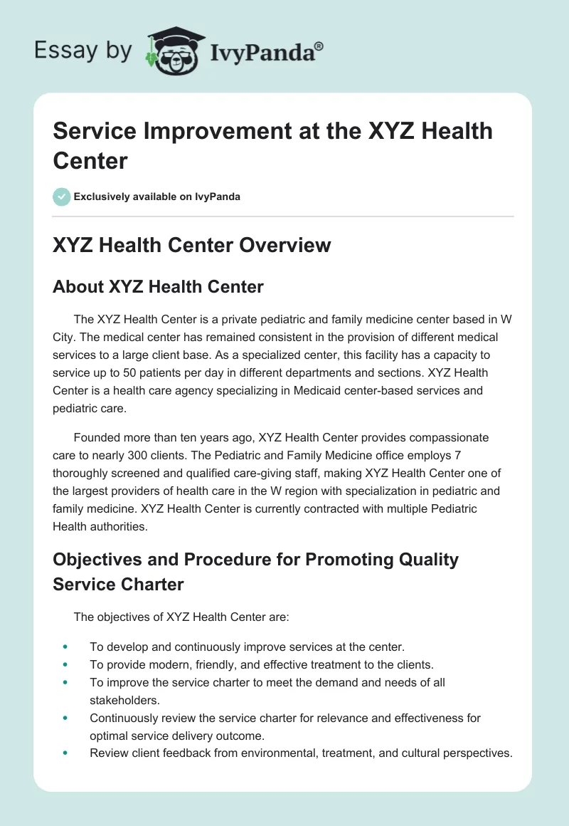 Service Improvement at the XYZ Health Center. Page 1