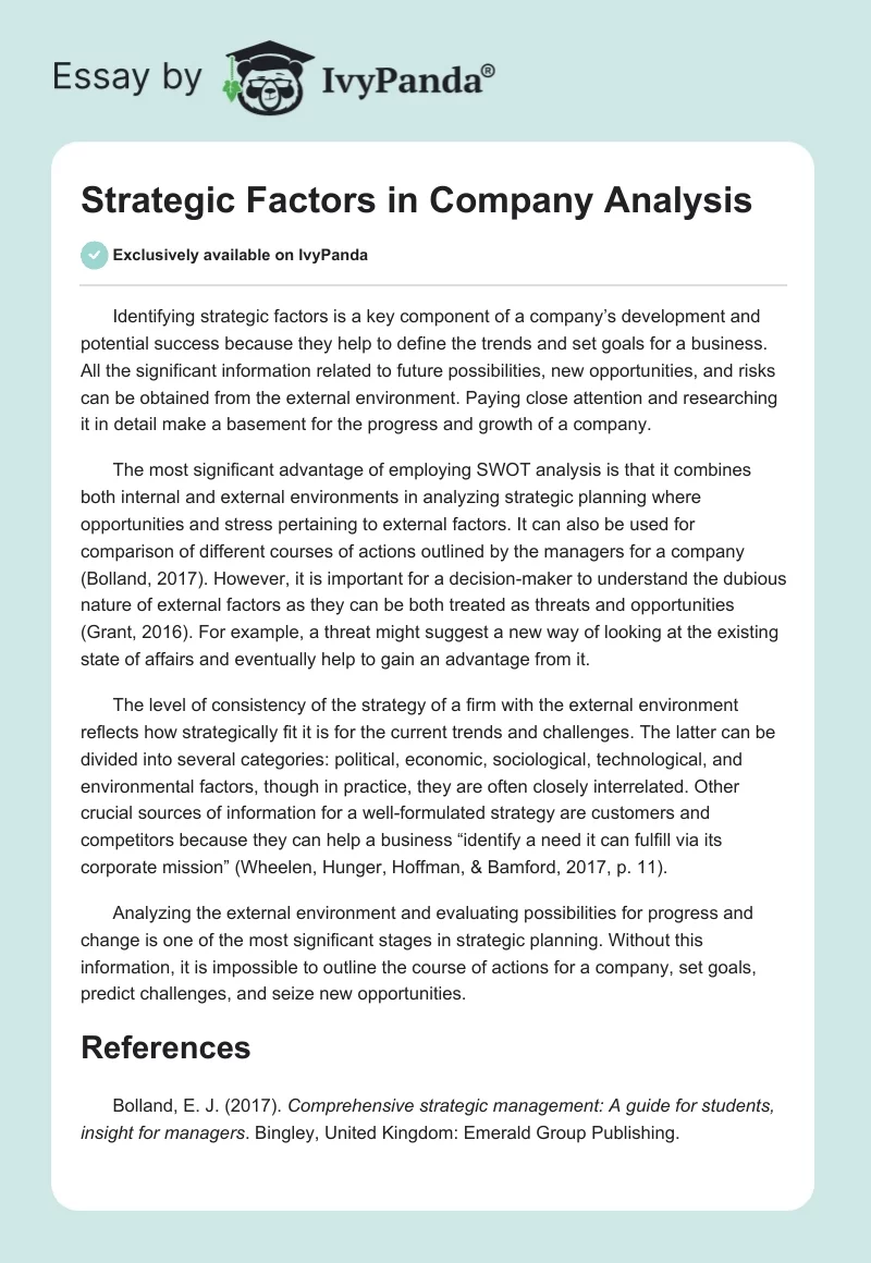 Strategic Factors in Company Analysis. Page 1
