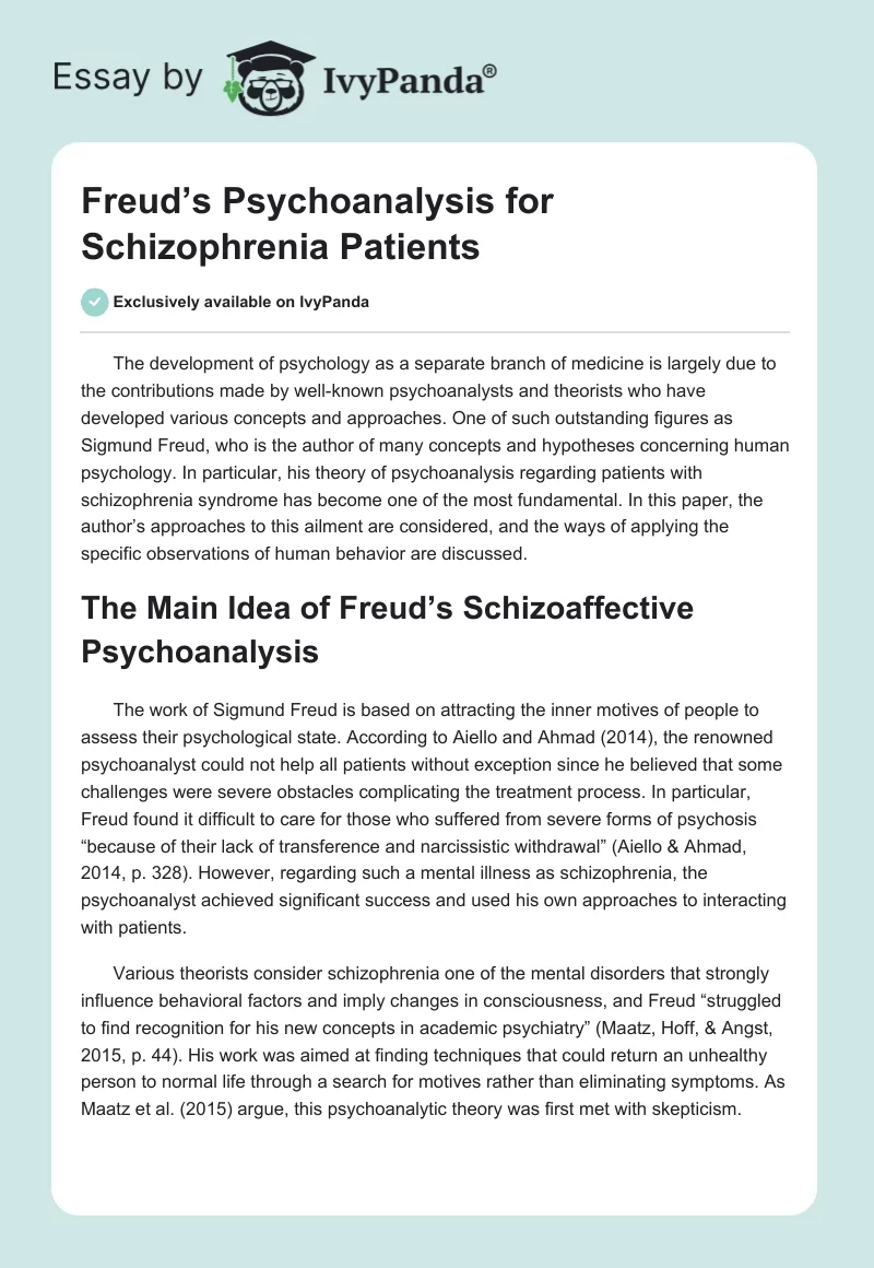 Freud’s Psychoanalysis for Schizophrenia Patients. Page 1