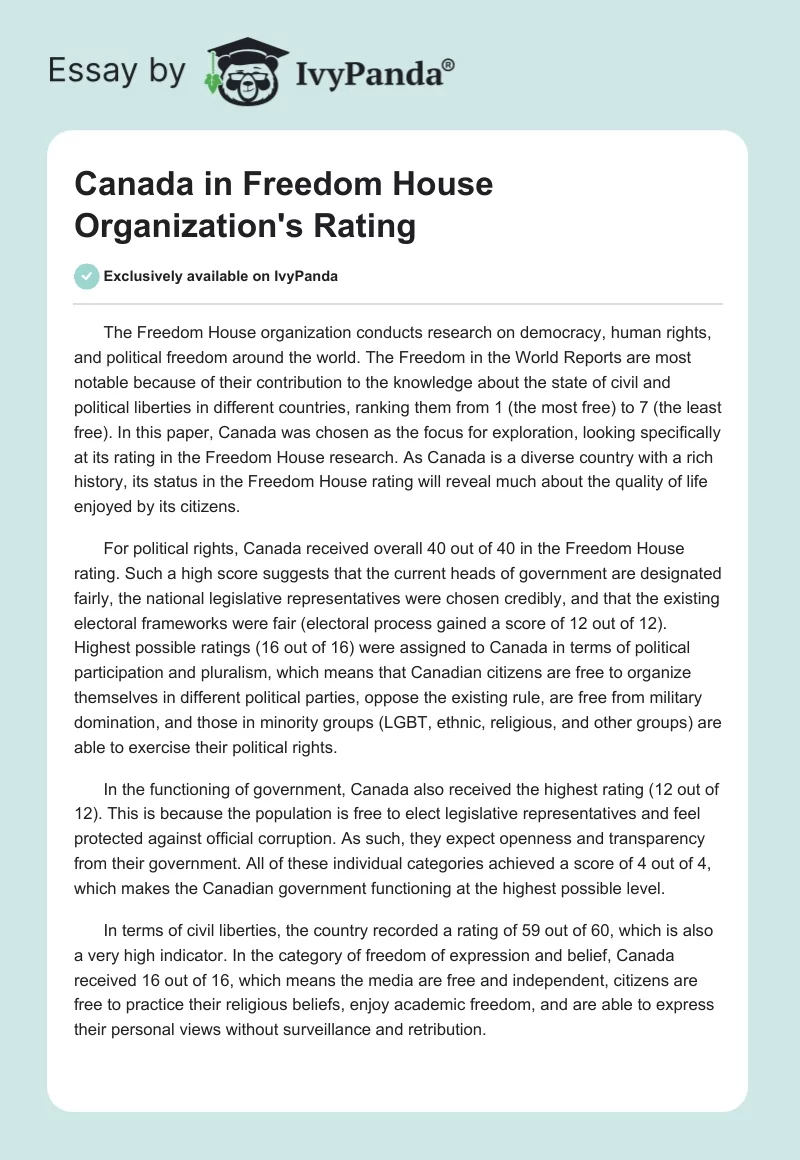 Canada in Freedom House Organization's Rating. Page 1