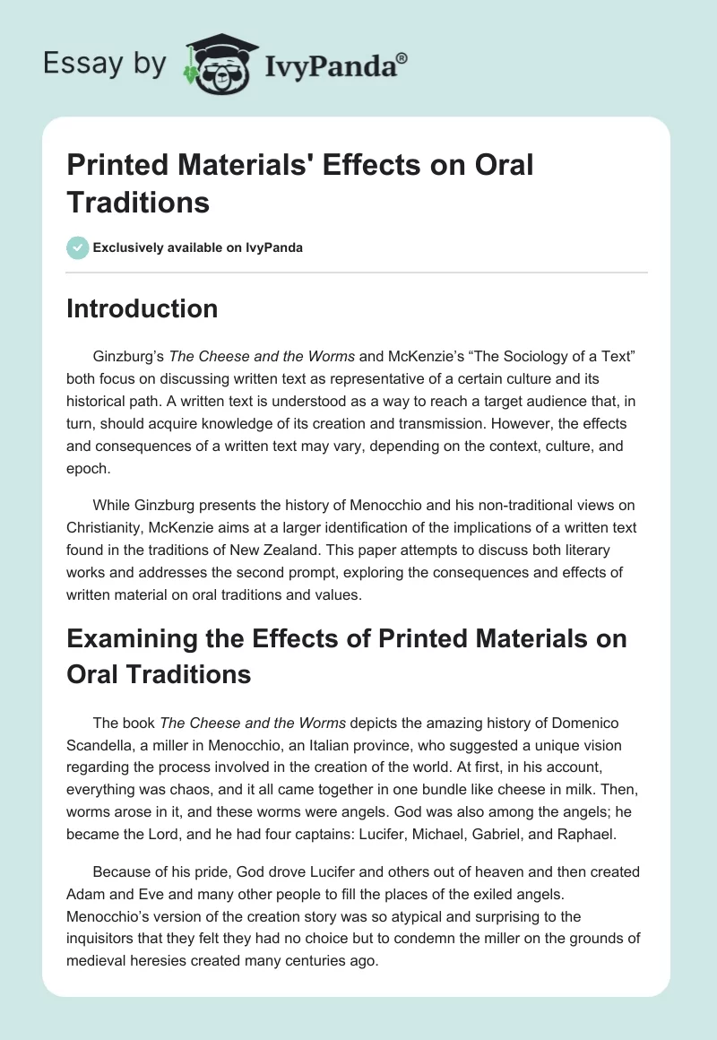 Printed Materials' Effects on Oral Traditions. Page 1