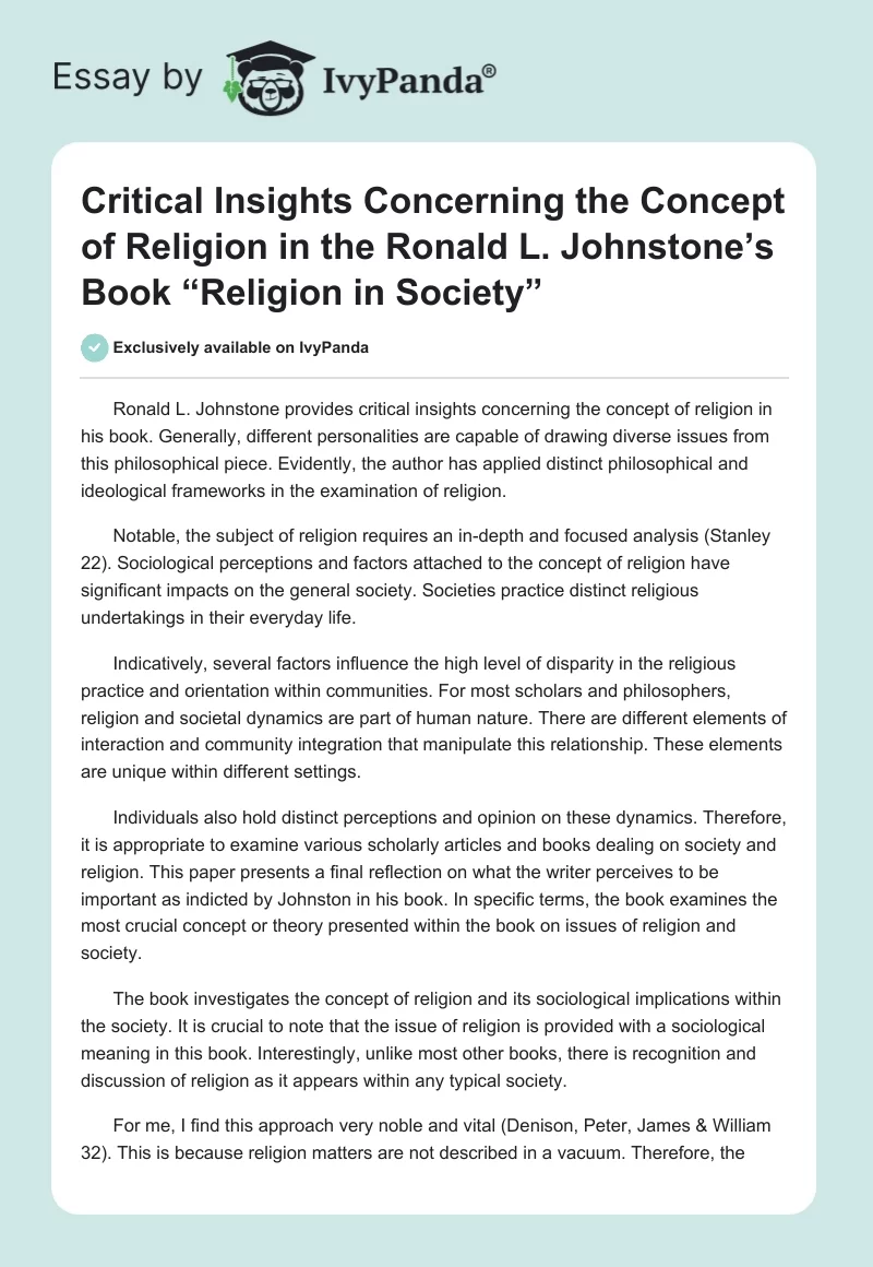 Critical Insights Concerning the Concept of Religion in the Ronald L. Johnstone’s Book “Religion in Society”. Page 1