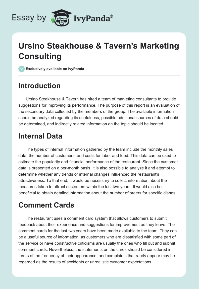 Ursino Steakhouse & Tavern's Marketing Consulting. Page 1