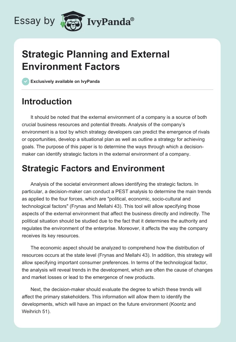 Strategic Planning and External Environment Factors. Page 1