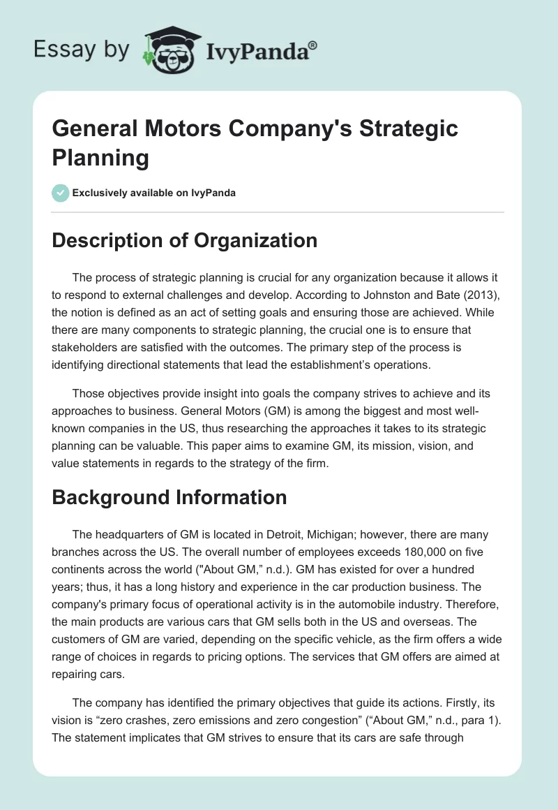 General Motors Company's Strategic Planning. Page 1