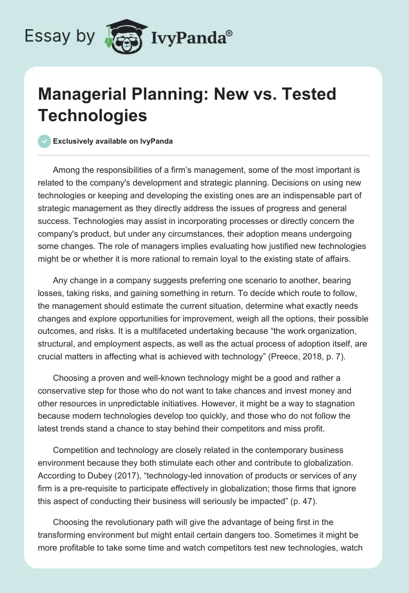 Managerial Planning: New vs. Tested Technologies. Page 1