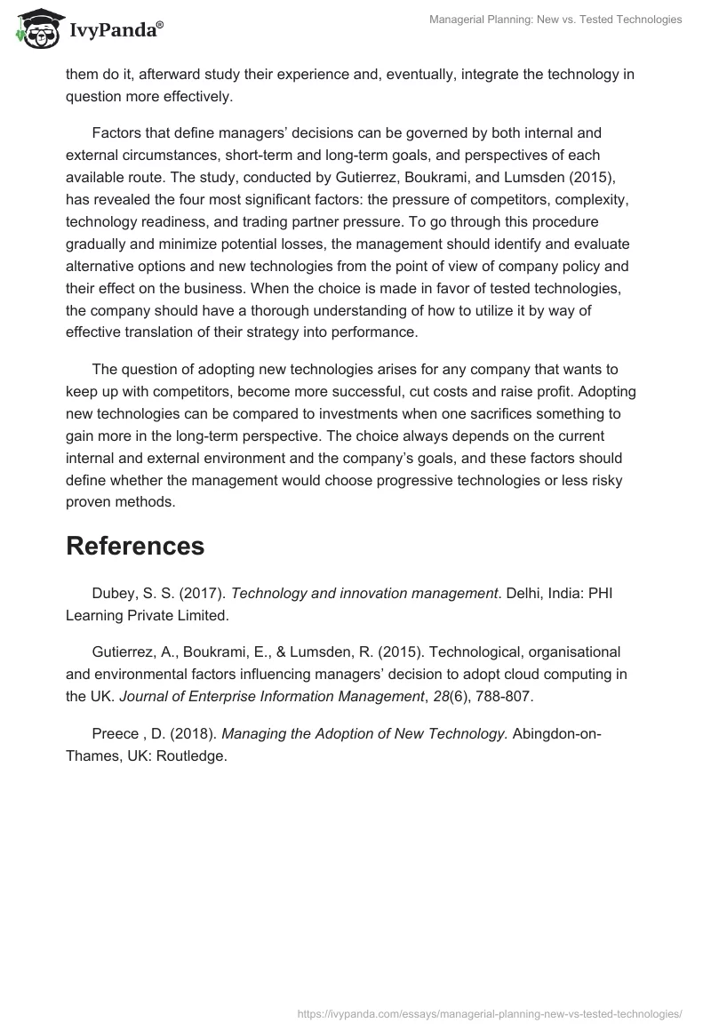 Managerial Planning: New vs. Tested Technologies. Page 2