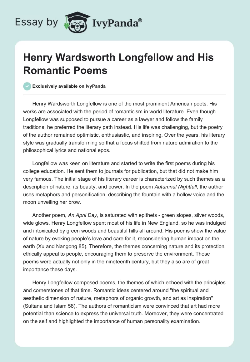 Henry Wardsworth Longfellow and His Romantic Poems. Page 1