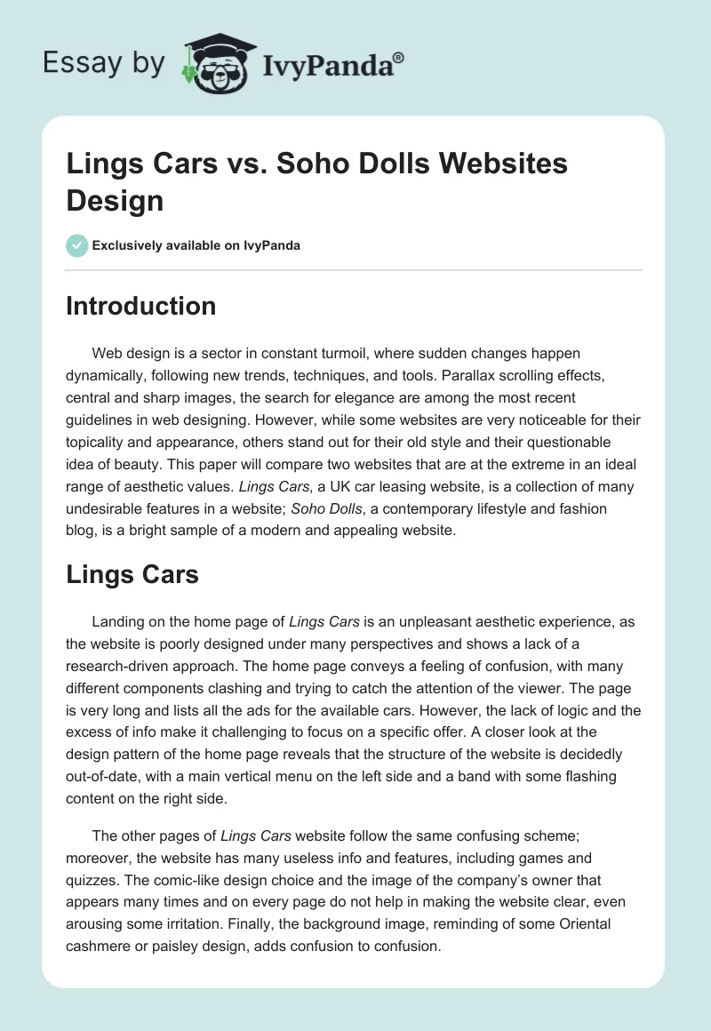Lings Cars vs. Soho Dolls Websites Design. Page 1