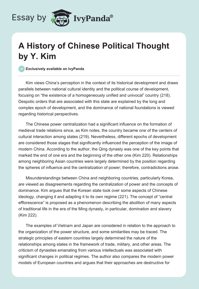 "A History of Chinese Political Thought" by Y. Kim. Page 1