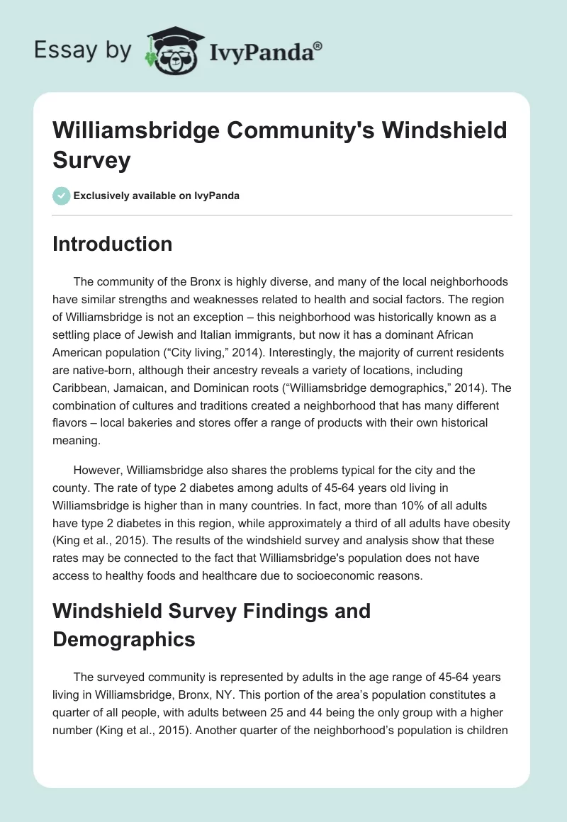 Williamsbridge Community's Windshield Survey. Page 1