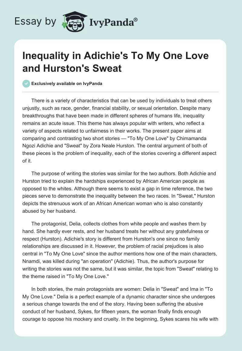 Inequality in Adichie's "To My One Love" and Hurston's "Sweat". Page 1