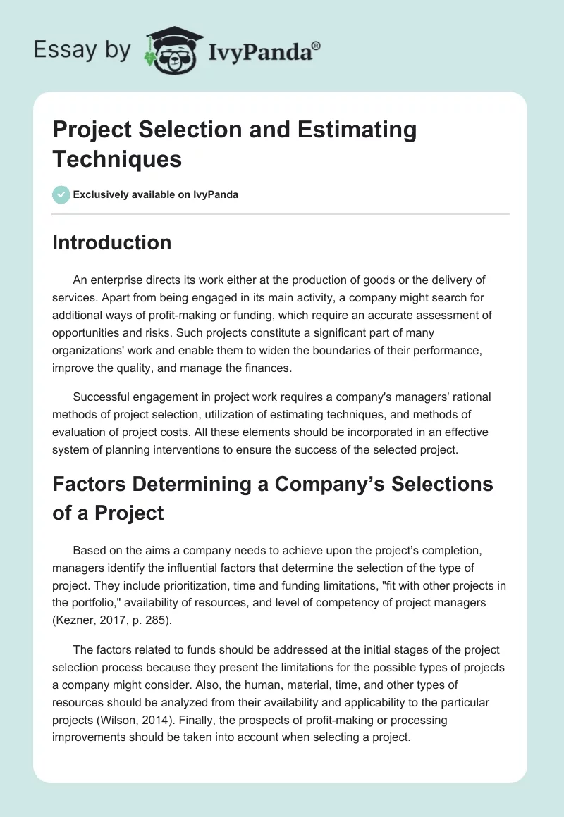 Project Selection and Estimating Techniques. Page 1