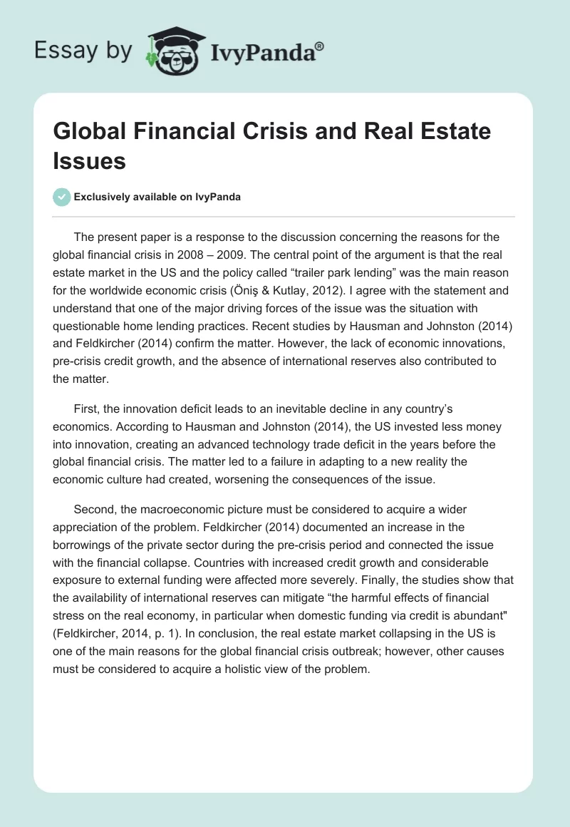 Global Financial Crisis and Real Estate Issues. Page 1
