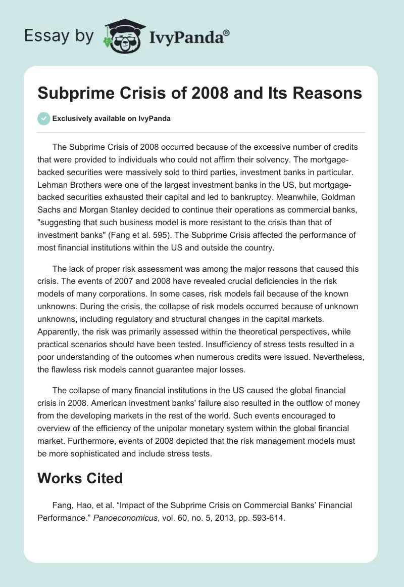 Subprime Crisis of 2008 and Its Reasons. Page 1