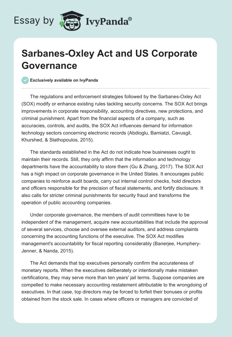 Sarbanes-Oxley Act and US Corporate Governance. Page 1