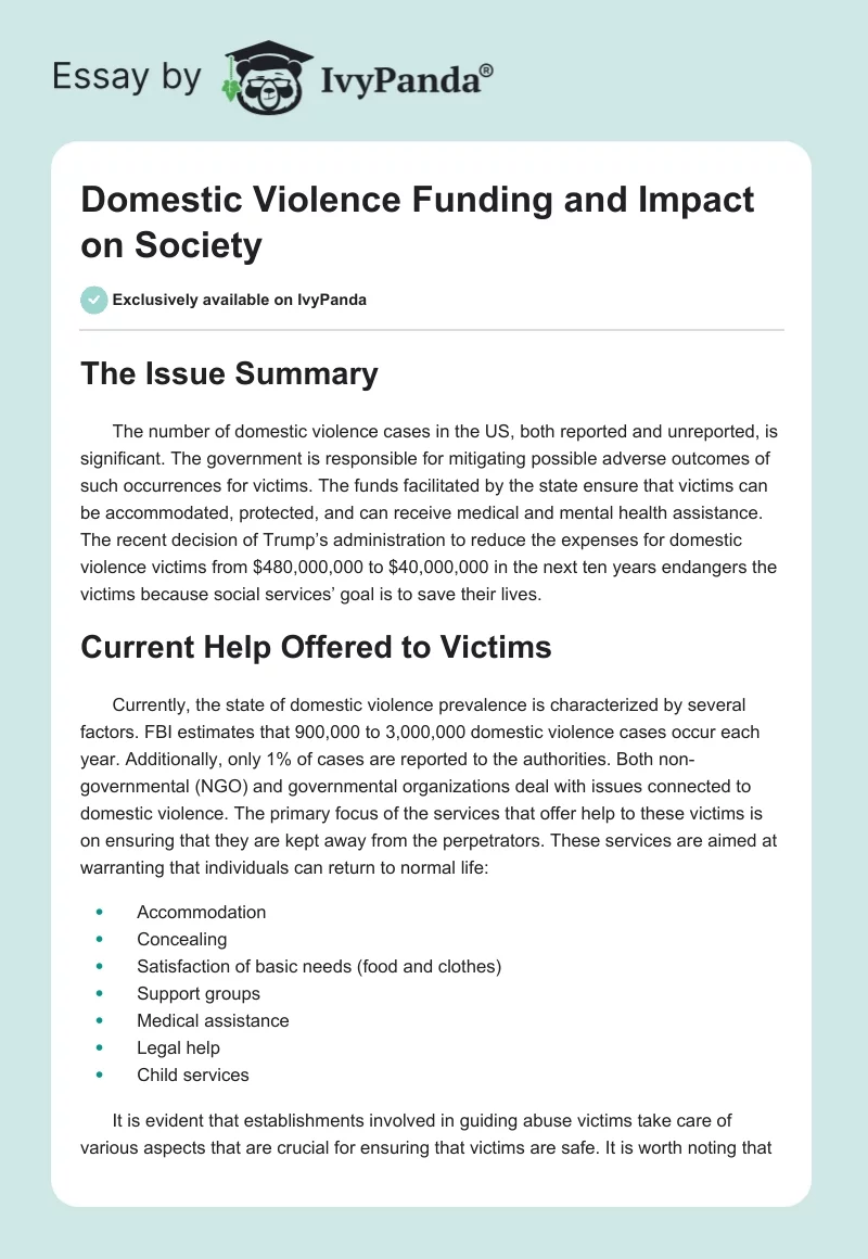 Domestic Violence Funding and Impact on Society. Page 1