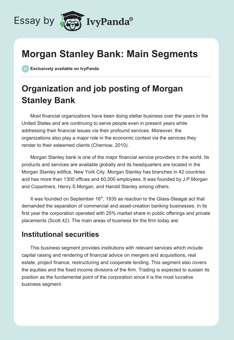 Morgan Stanley Bank: Main Segments. Page 1