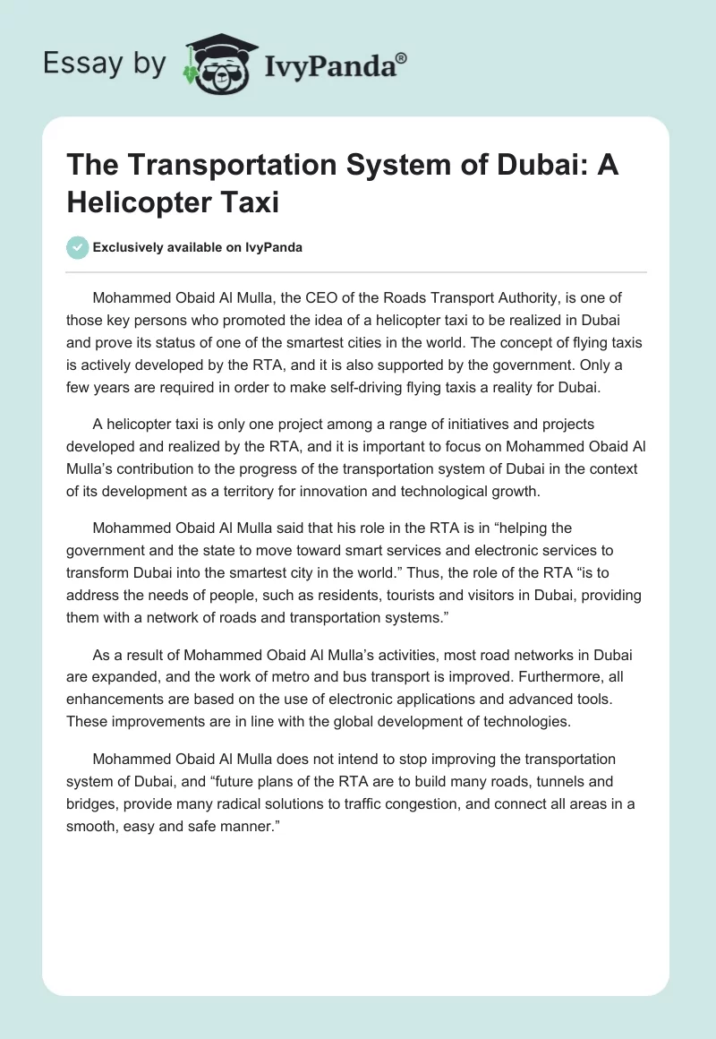 The Transportation System of Dubai: A Helicopter Taxi. Page 1