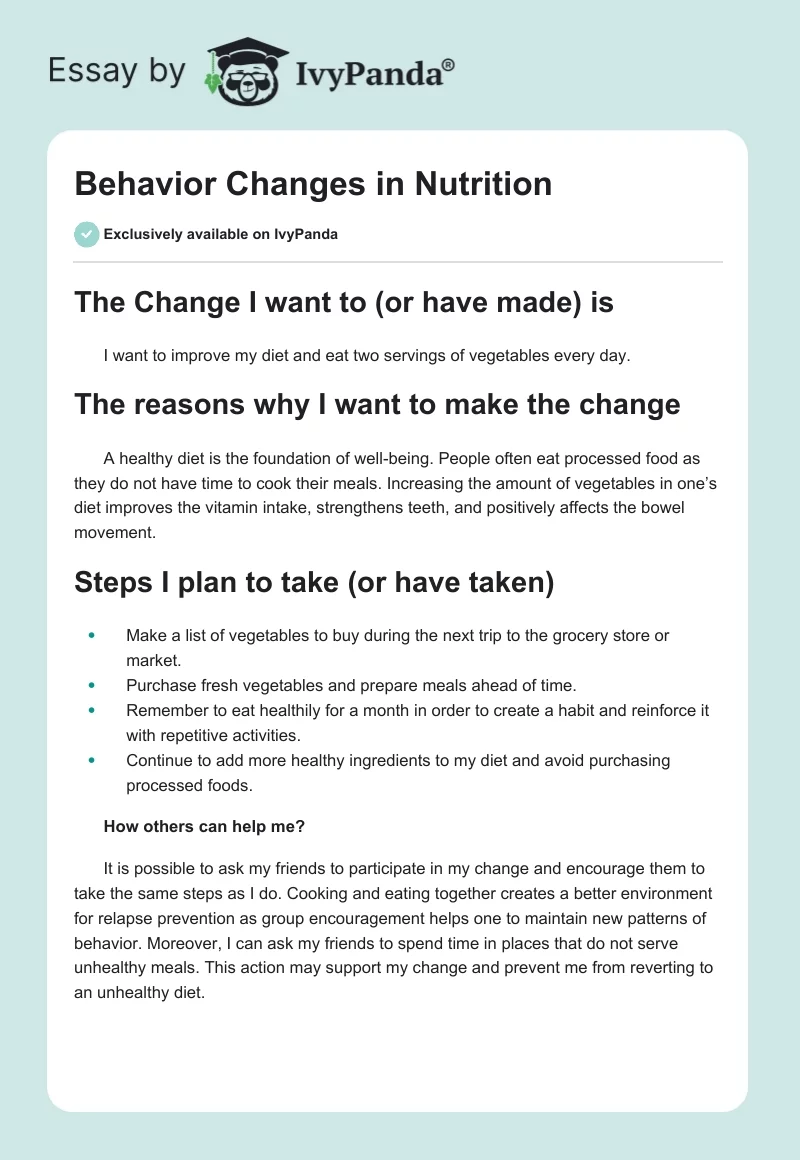 Behavior Changes in Nutrition. Page 1