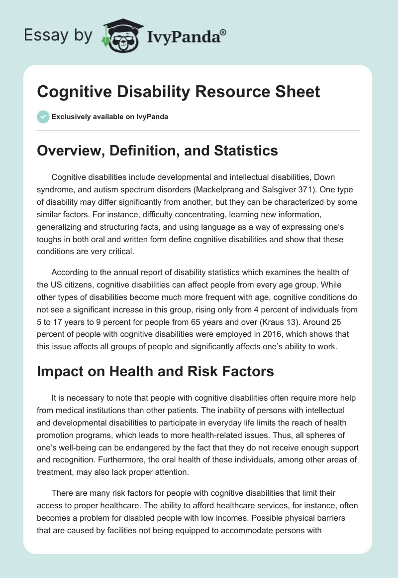 Cognitive Disability Resource Sheet. Page 1