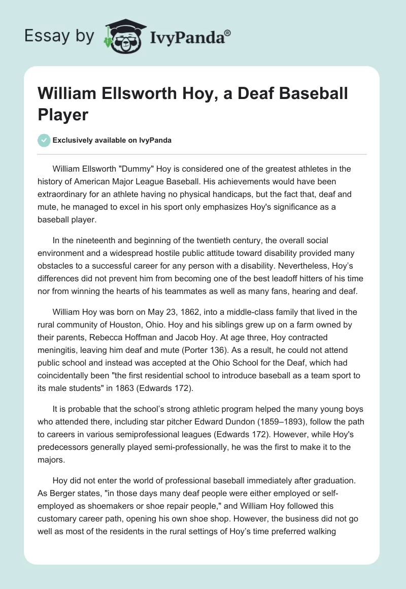 William Ellsworth Hoy, a Deaf Baseball Player. Page 1