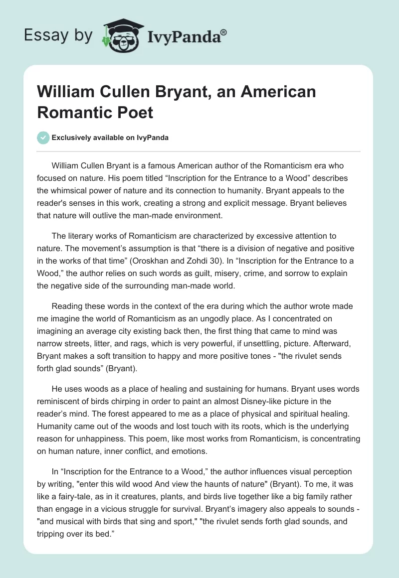 William Cullen Bryant, an American Romantic Poet. Page 1