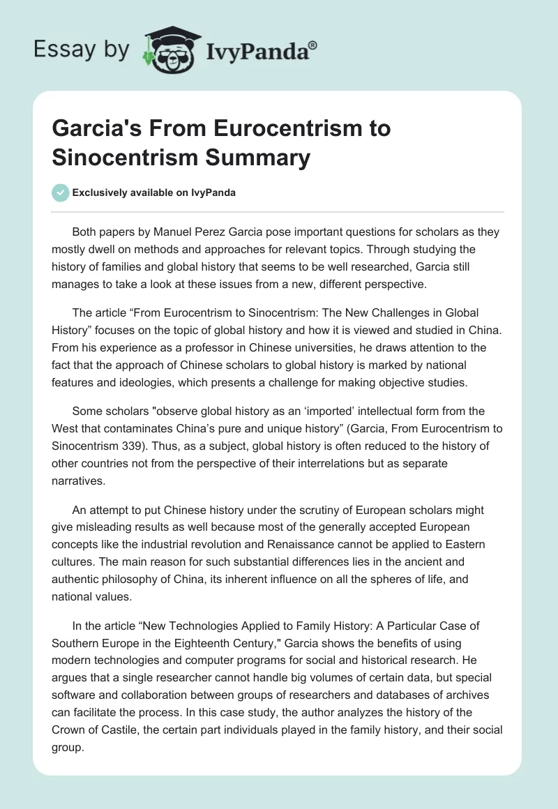 Garcia's "From Eurocentrism to Sinocentrism" Summary. Page 1