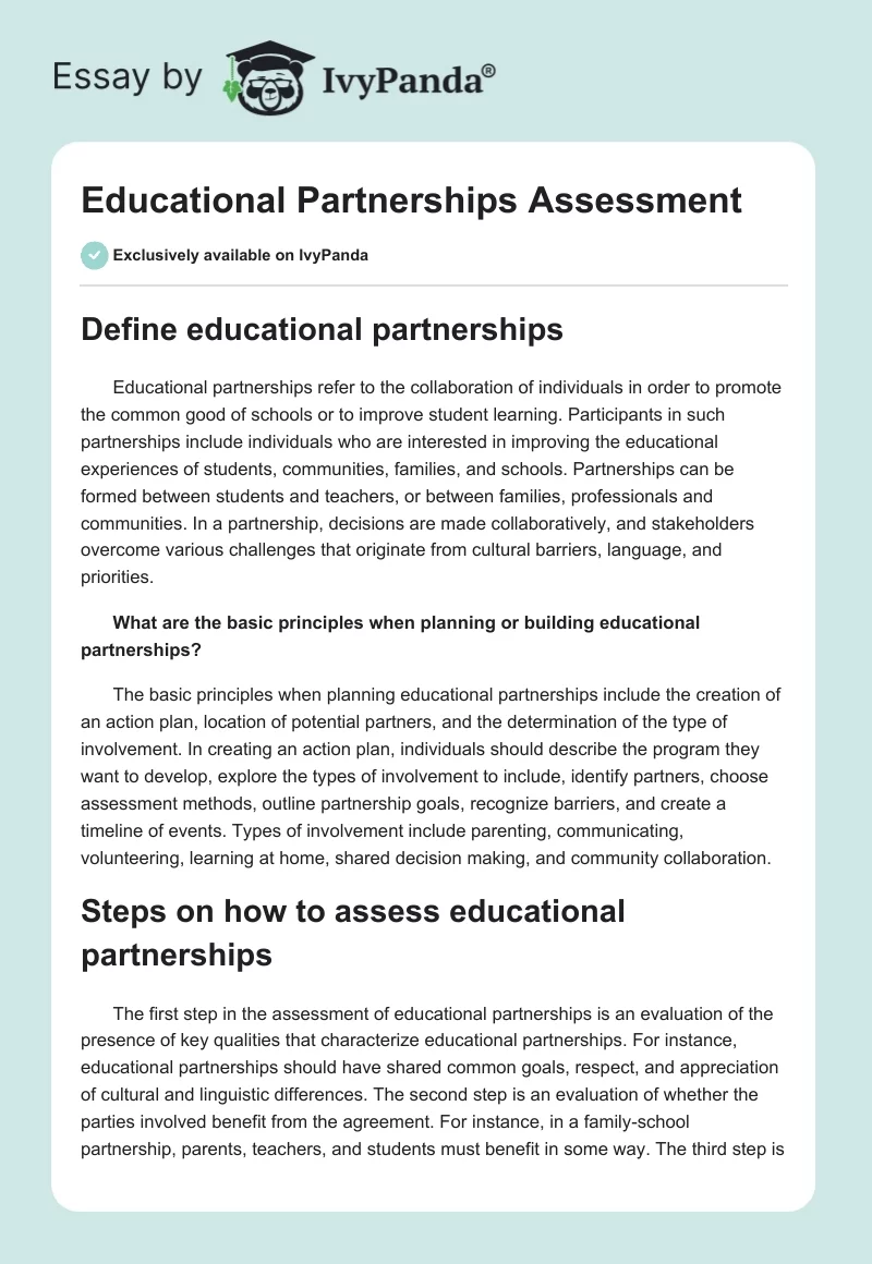 Educational Partnerships Assessment. Page 1
