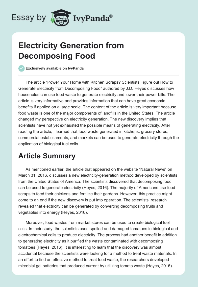 Electricity Generation from Decomposing Food. Page 1