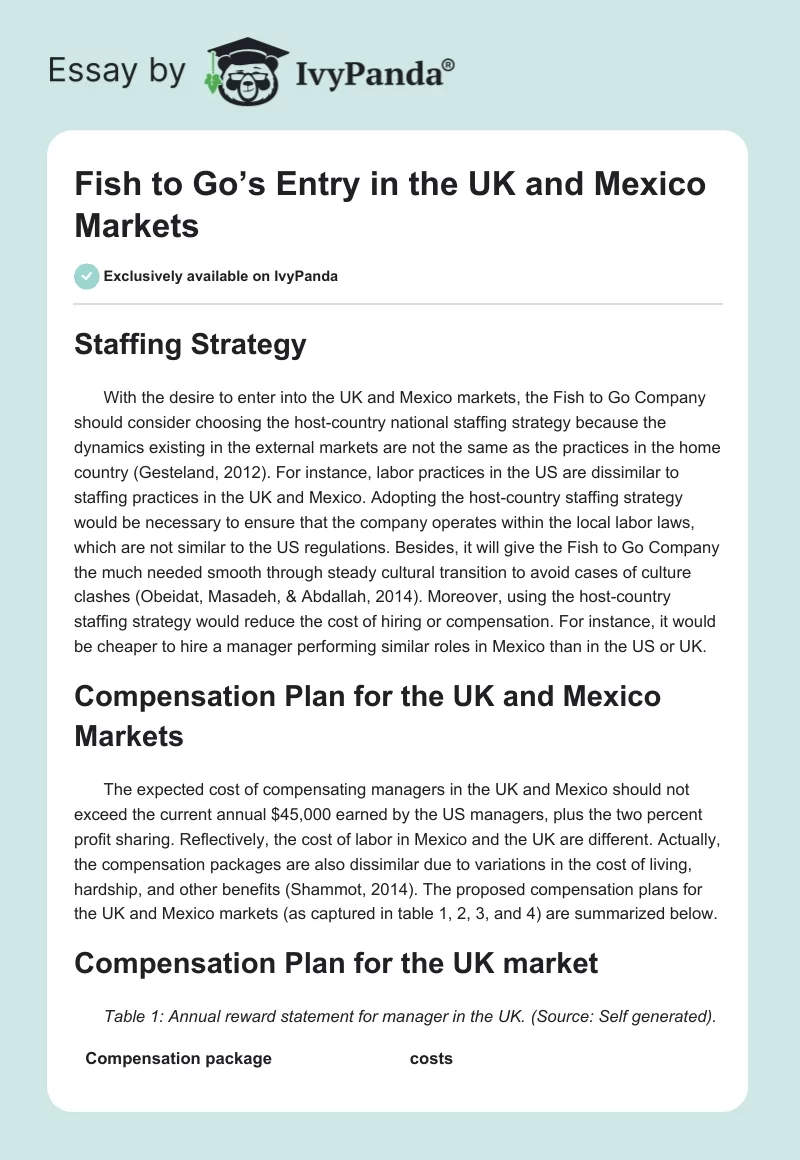 Fish to Go’s Entry in the UK and Mexico Markets. Page 1