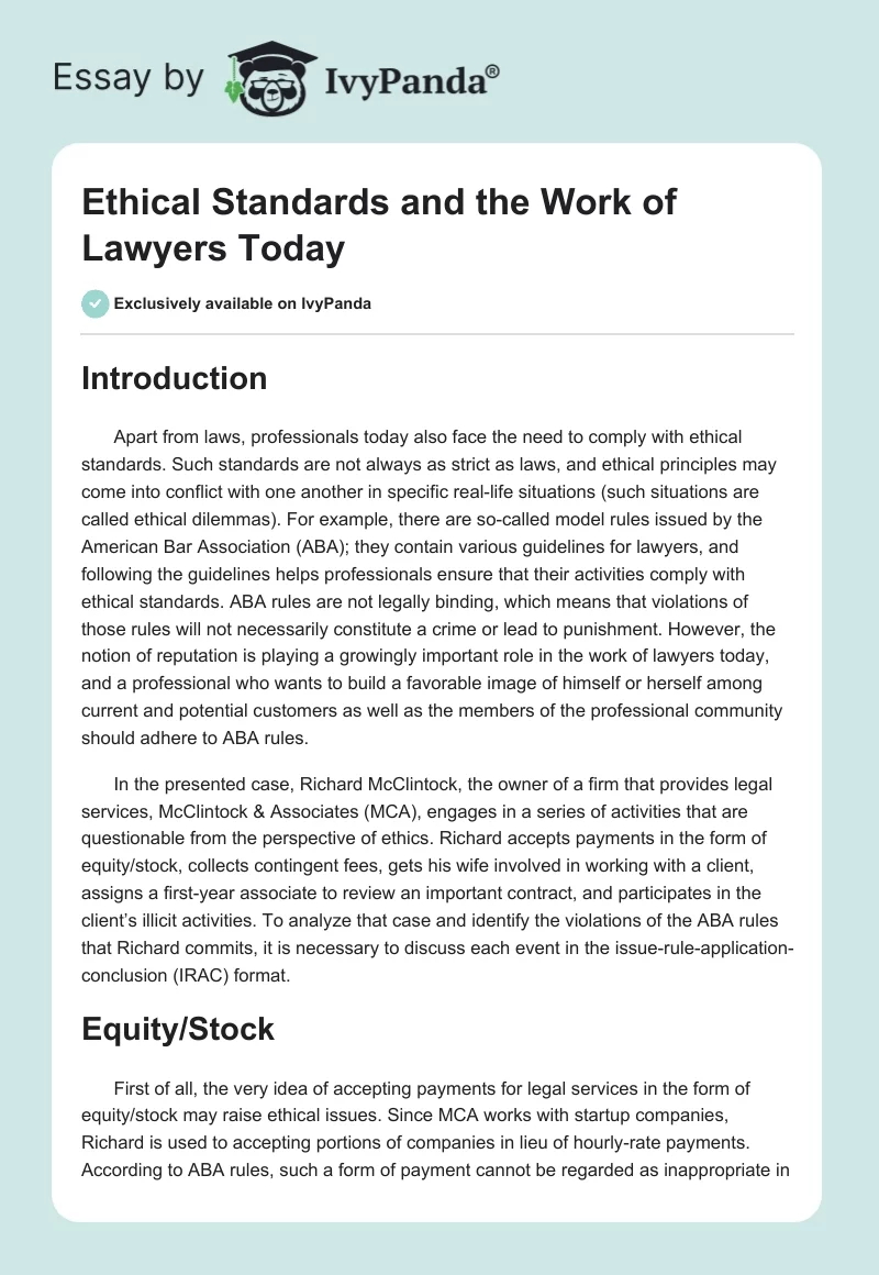 Ethical Standards and the Work of Lawyers Today. Page 1